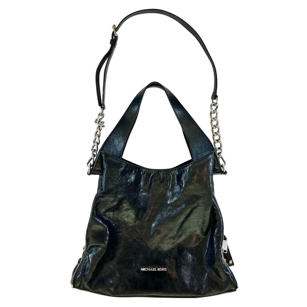 Michael Kors Devon Large Hobo Bag Black Leather Silver Chain Shoulder Handbag